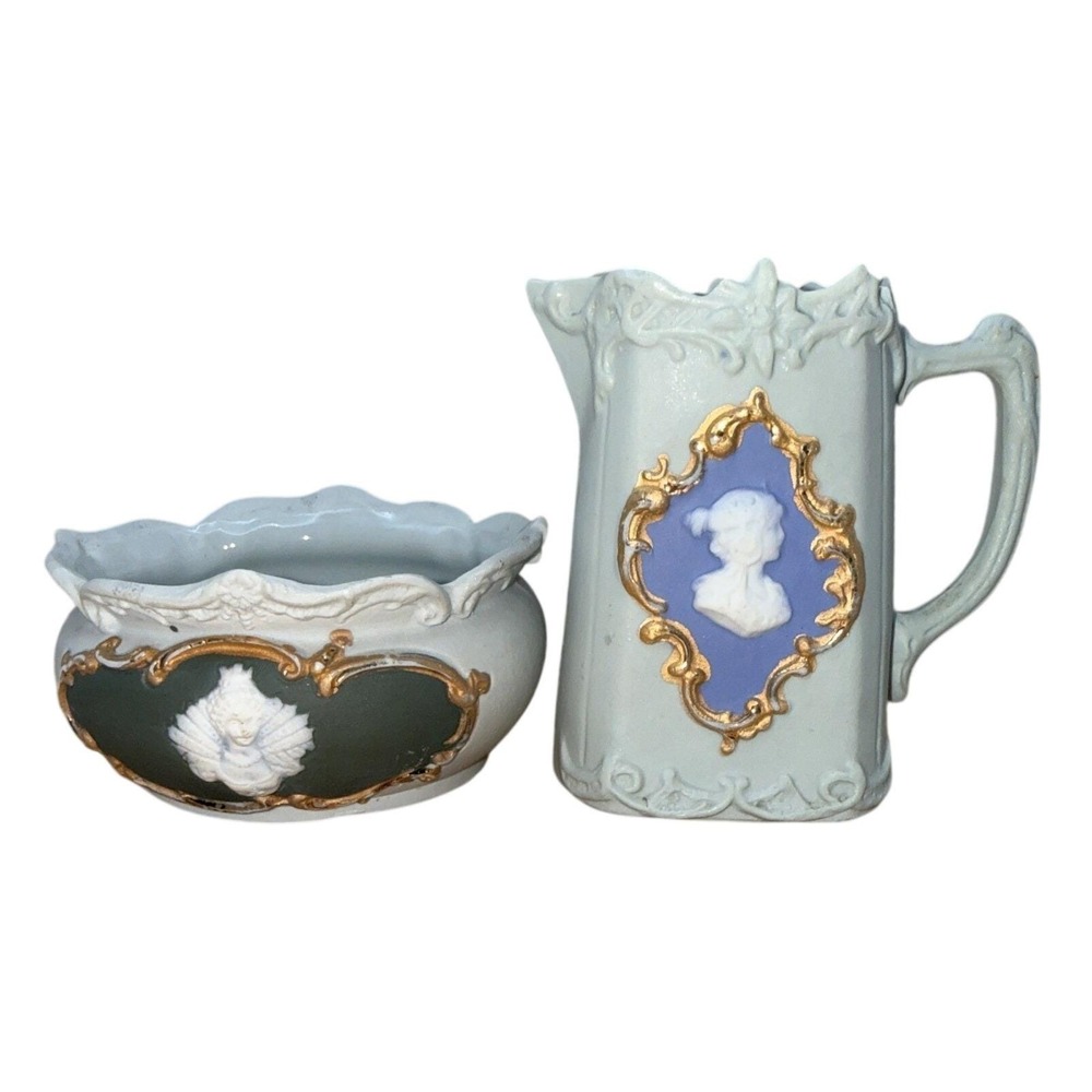 Antique Schafer Vater Blue‎ Jasperware Cameo Creamer Pitcher Green Open Sugar